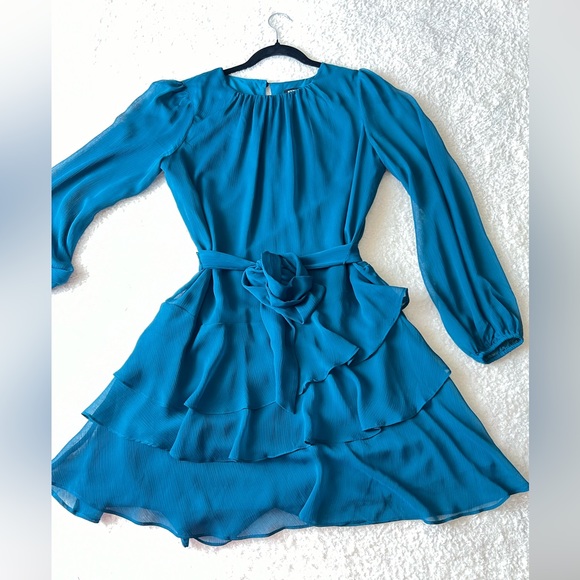 Long sleeve Tie Waist Tiered Ruffle Mini Dress - Picture 1 of 5